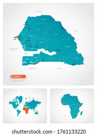 Editable template of map of Senegal with marks. Senegal on world map and on Africa map.