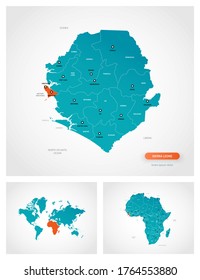 Editable template of map of Sierra Leone with marks. Sierra Leone on world map and on Africa map.