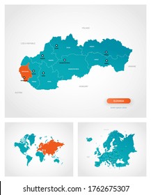 Editable template of map of Slovakia with marks. Slovakia  on world map and on Europe map.