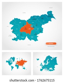 Editable template of map of Slovenia with marks. Slovenia on world map and on Europe map.