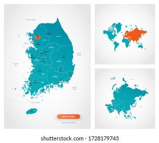 Editable template of map of South Korea with marks. South Korea on world map and on Asia map.
