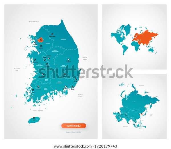 Editable template of map of South Korea
with marks. South Korea on world map and on Asia
map.