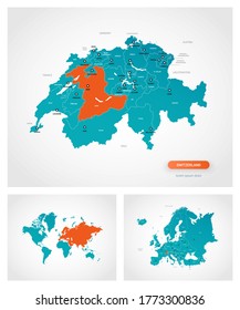 Editable template of map of Switzerland with marks. Switzerland on world map and on Europe map.
