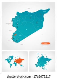 Editable template of map of Syria with marks. Syria on world map and on Asia map. Editable template of map of Syria with marks. Syria on world map and on Asia map.