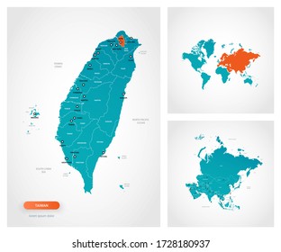 Editable template of map of Taiwan with marks.Taiwan on world map and on Asia map.