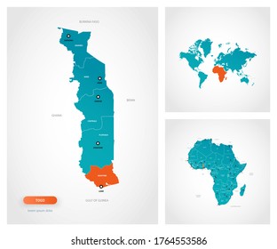 Editable template of map of Togo with marks. Togo on world map and on Africa map.