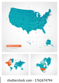 Editable template of map of United States of America with marks. United States of America on world map and on North America map.