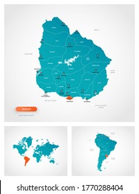 Editable template of map of Uruguay with marks. Uruguay on world map and on South America map.