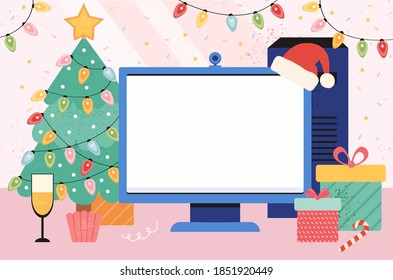 Editable template for new year and Christmas banners, posters, greetings. Home workplace is decorated in a new year style. Holiday items on the cozy desktop. Blank screen on the monitor for your text