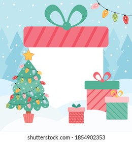 Editable template for new year and Christmas banners. Huge gift box on the background of a winter forest. Lot of gifts near the Christmas tree. Layout for social media design with empty space for text