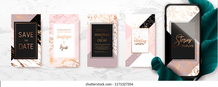 Editable template pack with gold and marble texture. Trendy kit, social and fashion ads, promotion flyer backgrounds, vector design. 