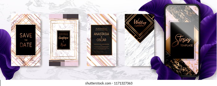 Editable template pack with gold and marble texture. Trendy kit, social and fashion ads, promotion flyer backgrounds, vector design. 