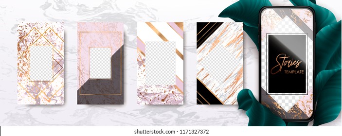 Editable template pack with gold and marble texture. Trendy kit, social and fashion ads, promotion flyer backgrounds, vector design. 