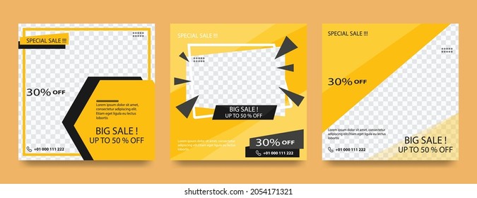 Editable template post for social media ad. Web banner ads for promotion design with yellow and black color.