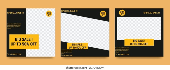 Editable template post for social media ad. Web banner ads for promotion design with yellow and black color.