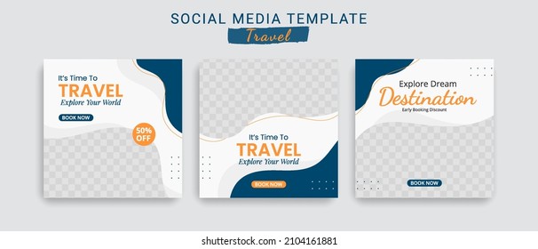 Editable template post for social media ad. web banner ads for travel promotion .design with blue and yellow color.  - Shutterstock ID 2104161881