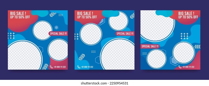 Editable template post for social media ads. Web banner ad for promotion design in blue color.