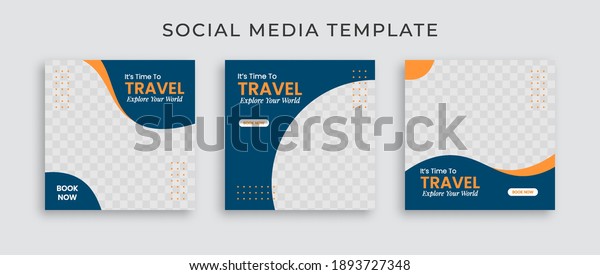 Editable\
template post for social media ad. web banner ads for travel\
promotion .design with blue and yellow color.\
