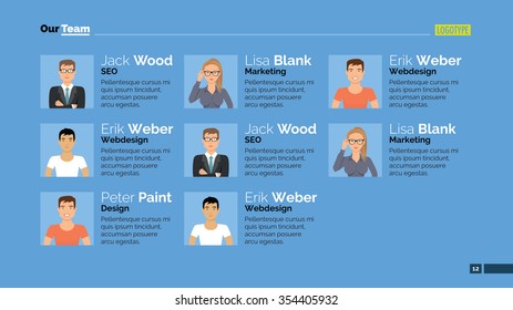 Editable template of presentation slide representing corporate team concept with woman and men portraits