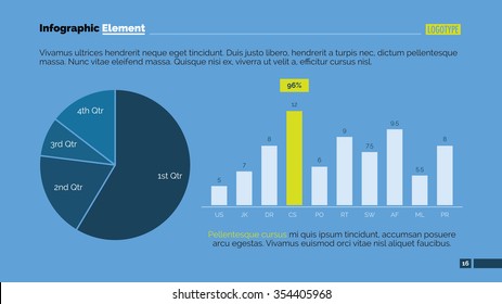 Editable template of presentation slide representing pie chart and vertical bar chart with analysis data