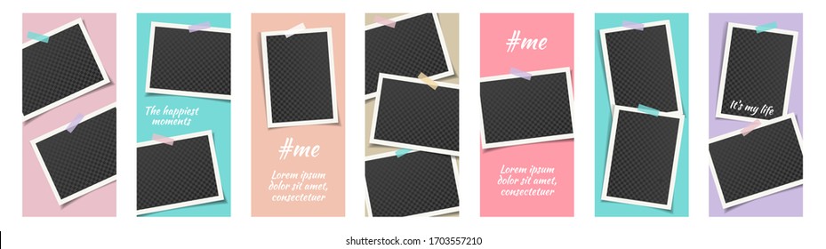 Editable Template For Social Networks Stories, Vector Illustration. Design Trendy Spring Soft Color Backgrounds For Social Media. Set Of Insta Stories Templates.Banners, Flyers With Photo Frames, Text