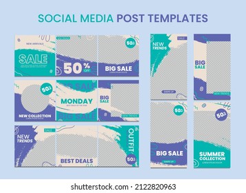 Editable template stories and posts frames with grunge texture. Square post puzzle set and stories design pack. Digital marketing business social media post in purple, turquoise and beige colors