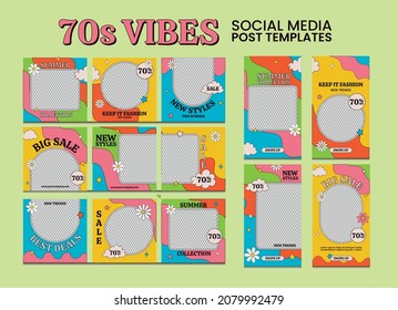 Historias editables de plantillas y publicaciones en medios sociales encuadran marcos, estilo de los años 70. Conjunto cuadrado de puzzles y paquete de diseño de fondo de historias. Colección de posts psicodélicos dibujados a mano 