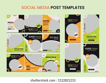 Editable template stories and social media posts frames, neon colors concept. Square post puzzle set and stories design pack. Digital marketing business social media post with circle frame collection
