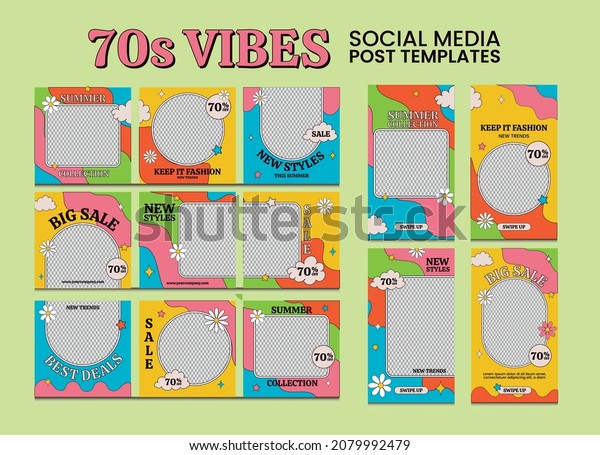 Editable template\
stories and social media posts frames, 70s style. Square post\
puzzle set and stories background design pack. Hand drawn groovy\
psychedelic posts collection\
