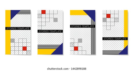Editable template for Stories and Streams. Flat geometric pattern in blue, white, yellow, black, red colors.