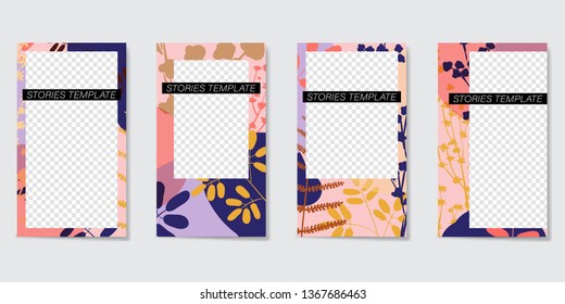 Editable template for Stories and Streams. Frame of geometric elements and painted plants. Vector illustration
