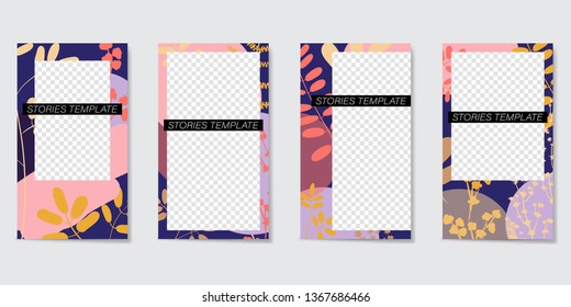 Editable template for Stories and Streams. Frame of geometric elements and painted plants. Vector illustration