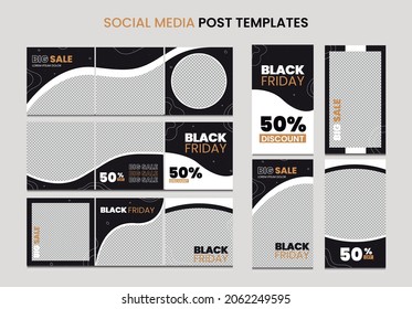 Editable template for story and social media posts, black friday vector  design. Square post puzzle set and stories design pack. Black and white colors with texture and minimalistic design