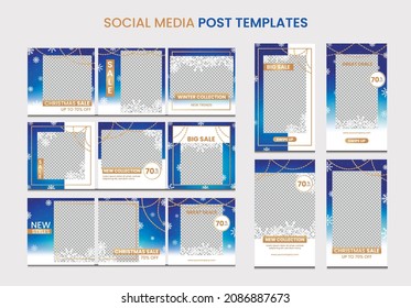 Editable template for story and social media posts. Merry christmas design. Square post puzzle set and stories design pack. Red and gold colors with elegant christmas decoration