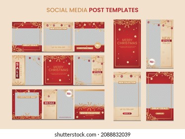 Editable Template For Story And Social Media Posts. Merry Christmas Design. Square Post Puzzle Set And Stories Design Pack. Red And Gold Colors With Elegant Christmas Decoration