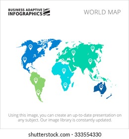 Editable template of world map with map pointers, isolated on white
