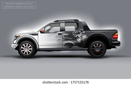 Editable template for wrap SUV with black and white flame decal. Hi-res vector graphics.