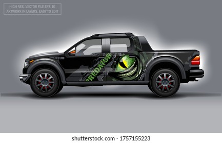 Editable template for wrap SUV with scary eye and Predator text decal. Hi-res vector graphics.