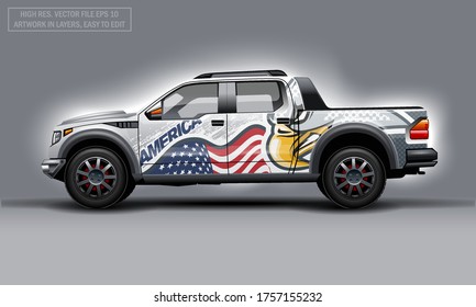 Editable template for wrap SUV with USA flag and Eagle decal. Hi-res vector graphics.