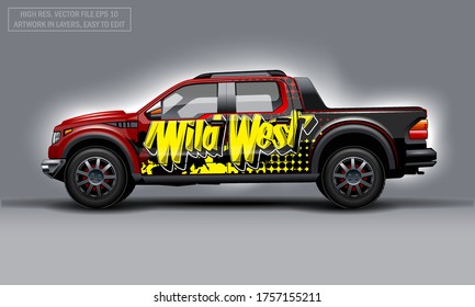 Editable template for wrap SUV with Wild west abstract text decal. Hi-res vector graphics.