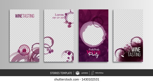 Editable templates for social media stories. Post, story. Red wine stains to combine with your photos. Place for your photo and text. Idea for brochures and banners. Vector design