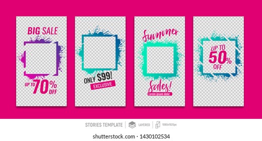 Editable templates for social media stories. Instagram story. frame for photos with paint splashes. Place for your photo and text. Vector design