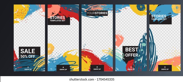 Editable templates for social networks stories. Vector design backgrounds for social media. Vector illustrations with artistic hand drawn frames for posters, flyers, tickets, placards, covers etc