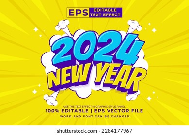 Editable text effect 2024 new year 3d cartoon style premium vector