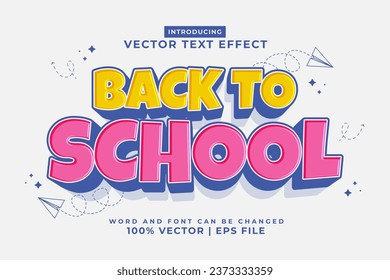 Efecto de texto editable Volver a la escuela 3d estilo de caricatura vector premium