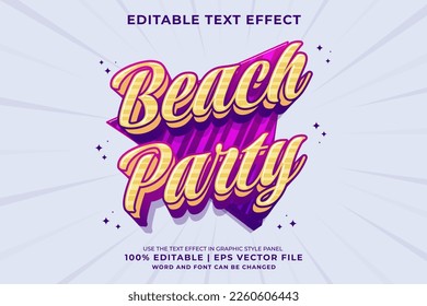 Efecto de texto editable Beach Party 3d Estilo de plantilla de dibujos animados tradicionales vector premium