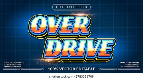 Editable “Overdrive” text effect with bold retro racing style, vibrant gradient colors, neon outlines, and strong 3D depth. Perfect for gaming, automotive, and speed themes.
