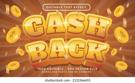 Editable text effect - cash back gold color 3d style concept with coin illustration