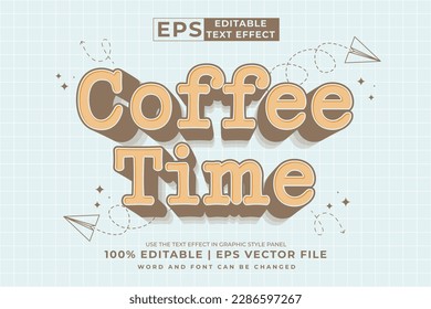 Editable text effect - coffee time 3d Cartoon Cute template style premium vector