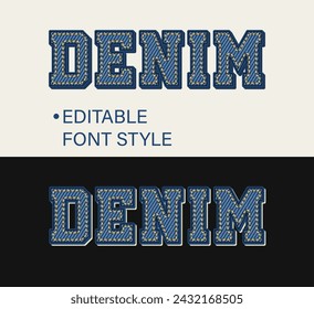 Editable text effect in denim vintage style. Volumetric 3d letters with denim fabric texture and yellow thread stitches. Retro typography graphic style. For poster, header, title design